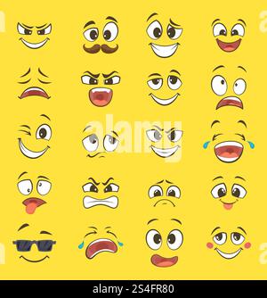 Émotions de dessin animé avec des visages drôles avec de grands yeux et des rires. Émoticônes vectorielles sur fond jaune. Sourire drôle visage illustration d'émotion. Émotions de dessin animé avec des visages drôles avec de grands yeux et des rires. Émoticônes vectorielles sur fond jaune Illustration de Vecteur
