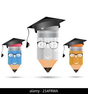 Ensemble de crayons dans des verres avec chapeau de graduation sur fond blanc. Concept diplôme de l'école, du collège. Illustration de Vecteur