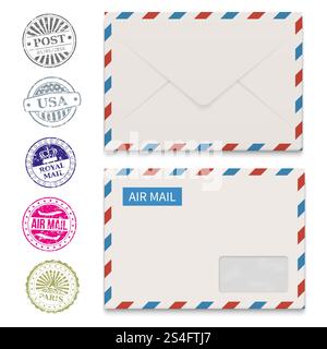 Enveloppes et timbres postaux grunge isolés sur blanc. Timbre postal vectoriel et illustration de lettre d'enveloppe. Enveloppes et timbres postaux grunge isolés sur blanc Illustration de Vecteur