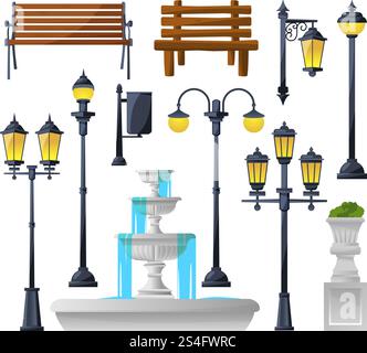 Ensemble d'éléments urbains. Lampadaires, fontaine, bancs de parc et poubelles. Illustration vectorielle. Lampadaire du parc et banc en bois et lanterne, fontaine et poubelle. Ensemble d'éléments urbains. Lampadaires, fontaine, bancs de parc et poubelles. Illustration vectorielle Illustration de Vecteur