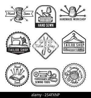 Différentes étiquettes monochromes pour atelier de couture ou tailleur. Couture et fait à la main, badge d'atelier. Illustration vectorielle. Différentes étiquettes monochromes pour atelier de couture ou tailleur Illustration de Vecteur