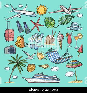 Ensemble d'icônes d'été de coloration dessinées à la main différentes. Illustrations tropicales. Pantoufles, cocktail, bikini et autres articles de vacances. Crème glacée et appareil photo, voyage tropical avec cocktail et plage. Ensemble d'icônes d'été de coloration dessinées à la main différentes. Illustrations tropicales. Pantoufles, cocktail, bikini et autres articles de vacances Illustration de Vecteur