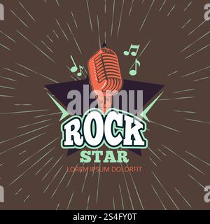 Club de musique karaoké rétro, logo vectoriel de studio d'enregistrement audio avec microphone et étoile sur illustration de fond de sunburst vintage. Club de musique karaoké, logo vectoriel de studio d'enregistrement audio avec microphone et étoile Illustration de Vecteur