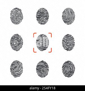 Ensemble d'empreintes digitales individuelles pour l'identification personnelle. Illustrations vectorielles. Empreinte humaine pour la vie privée. Ensemble d'empreintes digitales individuelles pour l'identification personnelle. Illustrations vectorielles Illustration de Vecteur