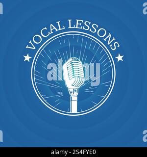Logo de leçons vocales vectorielles avec microphone rétro sur fond de sunburst vintage. Musique vintage bannière école illustration. Logo de leçons vocales vectorielles avec microphone rétro sur fond de sunburst vintage Illustration de Vecteur