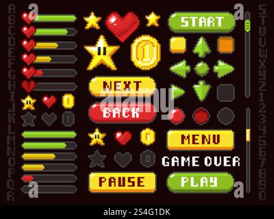 Boutons de jeu pixel, éléments de navigation et de notation et ensemble de vecteurs de symboles. Bouton interface de jeu flèche et jouer, retour et illustration suivante. Boutons de jeu pixel, éléments de navigation et de notation et ensemble de vecteurs de symboles Illustration de Vecteur