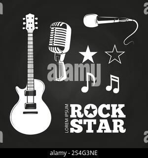 Éléments rock star ou musicien sur tableau noir. Illustration vectorielle. Ensemble d'éléments rock star ou musicien Illustration de Vecteur