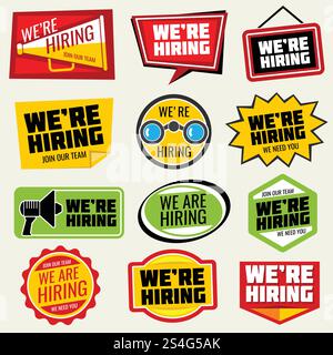 Maintenant embaucher des signes vectoriels. Autocollants d'opportunité d'emploi. Nous embauchons autocollant, emploi et illustration de recrutement d'emploi. Maintenant embaucher des signes vectoriels. Autocollants d'opportunité d'emploi Illustration de Vecteur