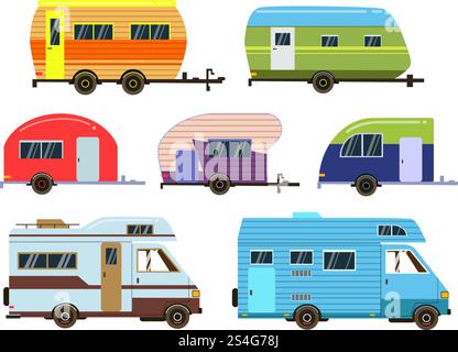 Ensemble de voitures de camping. Différentes remorques de villégiature. Images vectorielles dans un style plat. Caravane de remorque de voyage, illustration de camion de maison de voiture. Ensemble de voitures de camping. Différentes remorques de villégiature. Images vectorielles dans un style plat Illustration de Vecteur