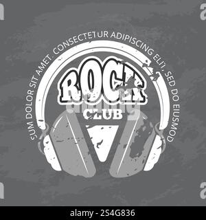 Rétro vecteur ouvrant club de musique rock, affiche vintage magasin de musique ou flyer avec casque sur illustration de texture grunge. Club de musique rétro rock, logo vectoriel de boutique Illustration de Vecteur