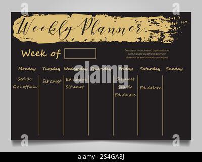 Modèle de planificateur hebdomadaire noir et or avec effet grunge doré. Illustration vectorielle. Modèle de planificateur hebdomadaire noir et or Illustration de Vecteur