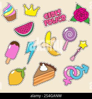 Crème glacée, couronne de princesse et sucreries autocollantes. Patchs de mode Vector Girl. Couronne et bonbons, illustration de badge de dessin animé de collection. Crème glacée, couronne de princesse et sucreries autocollantes. Patchs de mode Vector Girl Illustration de Vecteur