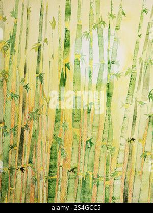 Champ de bambou, forêt avec soleil en arrière-plan. La technique de tamponnage près des bords donne un effet de flou dû à la rugosité de surface modifiée de th Banque D'Images