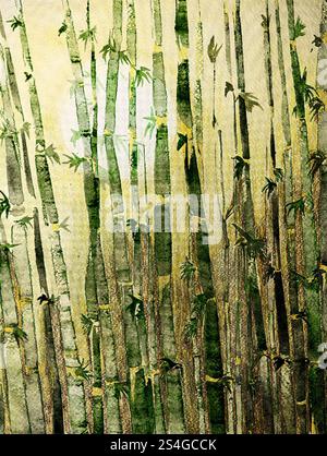 Herbe de bambou avec feuillage, champ avec soleil en arrière-plan. La technique de dabbing près des bords donne un effet de flou dû à la modification de la surface ROU Banque D'Images