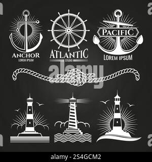 Logos nautiques marins vintage et emblèmes avec des phares ancres corde. Emblème et badge, logo vintage marine, phare nautique, illustration vectorielle. Logos nautiques marins vintage et emblèmes avec des phares ancres corde Illustration de Vecteur