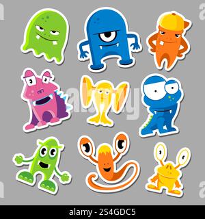 Ensemble d'autocollants de monstres mignons. Collection de monstres drôles de couleur. Illustration vectorielle. Ensemble d'autocollants de monstres mignons Illustration de Vecteur