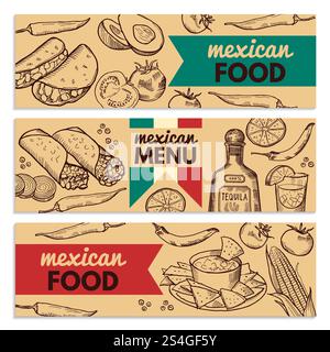 Bannières avec image de différents aliments mexicains pour le menu du restaurant. Menu de bannières mexicaines. Illustration vectorielle. Bannières avec image de différents aliments mexicains pour le menu du restaurant Illustration de Vecteur