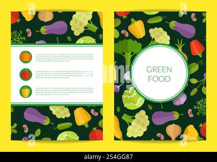 Carte de légumes plats vectoriels, brochure, modèle de flyer pour vegan, thème d'aliments biologiques sains. Illustration de l'affiche de bannière colorée vegan. Carte de légumes plats vectoriels, brochure, modèle de flyer pour vegan, thème d'aliments biologiques sains Illustration de Vecteur