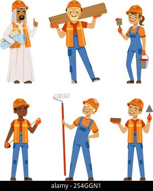 Travailleurs masculins et féminins en uniforme. Ingénieurs et constructeurs sur le travail. Définir les caractères vectoriels pour isoler. Personnage d'ingénieur ouvrier, illustration d'entrepreneur de la profession. Travailleurs masculins et féminins en uniforme. Ingénieurs et constructeurs sur le travail. Définir les caractères vectoriels pour isoler Illustration de Vecteur