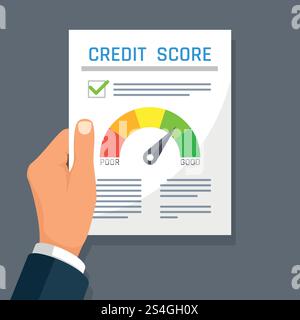 Main d'homme d'affaires tenant le document financier historique de crédit avec indicateur de score. Concept de vecteur d'approbation hypothécaire. Historique de crédit et illustration de notation. Main d'homme d'affaires tenant le document financier historique de crédit avec indicateur de score. Concept de vecteur d'approbation hypothécaire Illustration de Vecteur