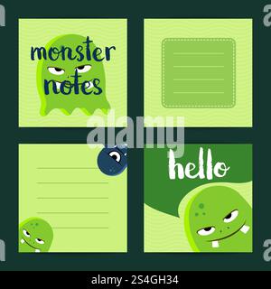 Jeu de cartes de note carrées vectorielles avec des monstres de bande dessinée, carte verte avec illustration de monstres. Jeu de cartes de note carrées vectorielles avec des monstres de bande dessinée Illustration de Vecteur