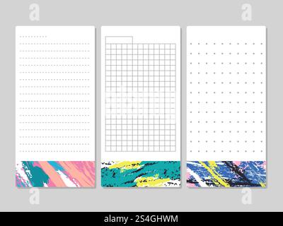 Pages lignées décoratives pour les listes de calendrier de notes avec des éléments grunge lumineux. Papier de page vectoriel pour message avec des points ou des cellules illustration. Pages lignées décoratives pour les listes de calendrier de notes avec des éléments grunge lumineux Illustration de Vecteur
