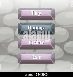 Boutons activés et désactivés de style de dessin animé vectoriel avec texte pour la conception de jeu sur illustration de fond de texture de pierre. Fond de texture de pierre de boutons de style de dessin animé vectoriel Illustration de Vecteur