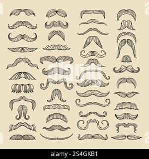 Moustache des hommes. Images dessinées à la main avec coiffure drôle. Ensemble de moustache taille basse pour le visage. Illustration vectorielle. Moustache des hommes. Images dessinées à la main avec coiffure drôle Illustration de Vecteur
