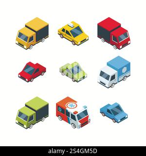 Ensemble de voitures de ville isométriques de style cartoon. Voiture de transport 3d isométrique, véhicule vectoriel ambulance et illustration de fourgonnette de camion de cargaison. Ensemble de voitures de ville isométriques de style cartoon Illustration de Vecteur