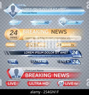 Barres vectorielles TV et graphiques de diffusion pour le fond des informations du tiers inférieur. Bannière d'informations pour la diffusion tv en continu, diffusion d'illustrations vidéo télévisées. Barres vectorielles TV et graphiques de diffusion pour le fond des informations du tiers inférieur Illustration de Vecteur