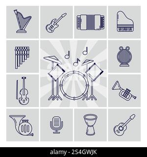 Icônes vectorielles linéaires d'instruments de musique définies isolées sur l'illustration grise. Jeu d'icônes vectorielles linéaires d'instruments de musique Illustration de Vecteur