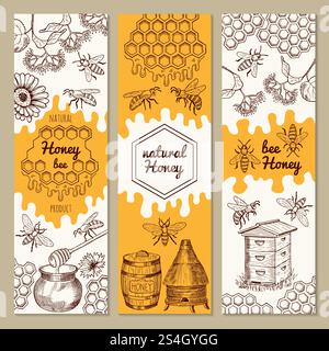 Bannières avec des photos de produits de miel. Abeille, nid d'abeille. Illustrations vectorielles. Collection de bannières naturelles Sweet Honey. Bannières avec des photos de produits de miel. Abeille, nid d'abeille. Illustrations vectorielles Illustration de Vecteur