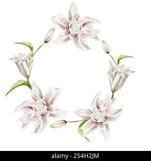 Couronne de lis. Décoration florale. Cadre de gros bourgeons. Lis blancs avec feuilles et bourgeons. Illustration aquarelle sans fond. Vintage Banque D'Images