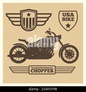 Silhouette de moto sport et étiquettes d'aile vintage grunge design. Illustration vectorielle. Silhouette de moto sport et étiquettes d'aile vintage grunge design Illustration de Vecteur