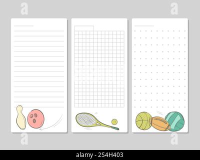 Pages lignées pour notes, mémos ou listes de choses à faire avec équipement de sport doodle. Illustration vectorielle. Pages pour notes, mémos ou listes de choses à faire avec l'équipement de sport doodle Illustration de Vecteur
