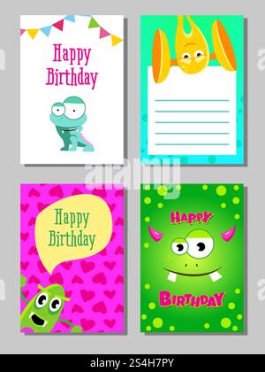 Ensemble de cartes amusantes colorées avec des monstres mignons. Modèles pour anniversaire, anniversaire, invitations de fête, scrapbooking. Illustration vectorielle. Ensemble de cartes amusantes colorées avec des monstres mignons Illustration de Vecteur