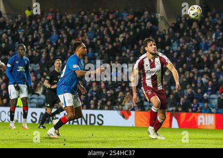 Glasgow, Écosse, Royaume-Uni. Glasgow, Royaume-Uni. 12 janvier 2025. Les Rangers ont joué St Johnstone en première classe écossaise à l'Ibrox Stadium, Glasgow, Écosse, Royaume-Uni. Le score final était Rangers 3 - 1 St Johnstone. Les buts ont été marqués par H. Igamane (16')Goal 16 minutes V. Černý (20')Goal 20 minutes M. Diomande (25') pour les Rangers et J. Sanders (54) pour St Johnstone. Crédit : Findlay/Alamy Live News Banque D'Images