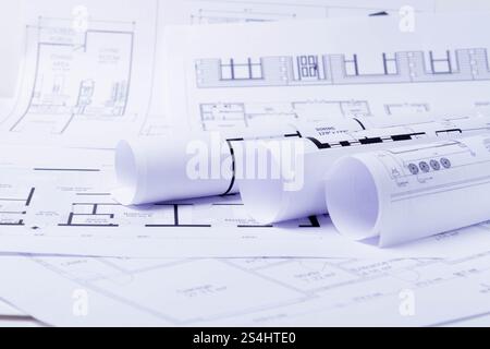 Plan de construction. Dessin de schéma enroulé dans un rouleau. Planification de la rénovation de la maison.. Banque D'Images