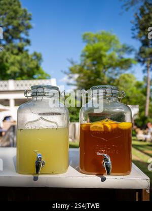 Limonade et thé dans des pots en verre avec des becs de service dans la fête en plein air Banque D'Images