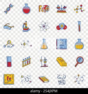 Jeu d'icônes du laboratoire de chimie. Ensemble dessiné à la main d'icônes vectorielles de laboratoire de chimie pour la conception Web. Jeu d'icônes de laboratoire de chimie, style dessiné à la main Illustration de Vecteur