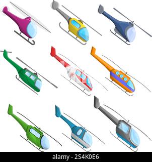 Jeu d'icônes d'hélicoptère. Ensemble de dessins animés d'icônes vectorielles d'hélicoptère pour la conception Web. Jeu d'icônes d'hélicoptère, style de dessin animé Illustration de Vecteur