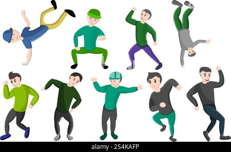 Jeu d'icônes de danse HipHop. Ensemble de dessins animés d'icônes vectorielles de danse hiphop pour la conception Web. Ensemble d'icônes de danse HipHop, style de bande dessinée Illustration de Vecteur