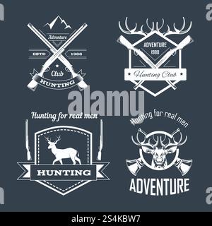 Jeu de modèles de logo de club de chasse ou d'aventure de chasse. Icônes isolées de vecteur de fusil de chasse et corne rétro pour la chasse animale badge de saison ouverte de cerf ou de bois d'élan et d'oie de canard dans la cible. Jeu de modèles de logo de club de chasse ou d'aventure de chasse Illustration de Vecteur