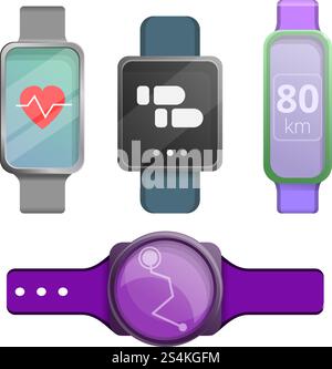 Icônes de suivi d'activité définies. Ensemble de dessins animés d'icônes vectorielles de tracker de forme physique pour la conception Web. Icônes de tracker de fitness définies, style de dessin animé Illustration de Vecteur