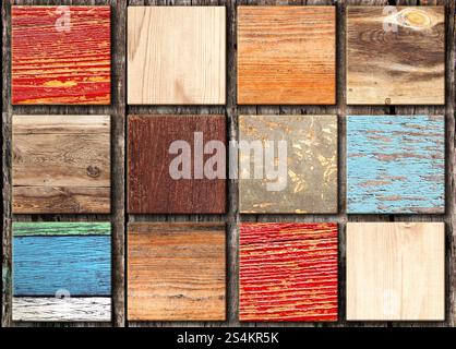 Fond horizontal avec motif en bois de différentes couleurs. Échantillons textures de stratifié de plancher en bois. Jeu d'échantillons de bois de parquet. Materi naturel Banque D'Images