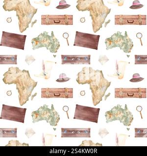 Valises, parchemin avec Australie, carte Afrique, chapeau de soleil, loupe aquarelle motif sans couture isolé sur blanc. Dessiné à la main pour stationnaire Banque D'Images