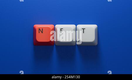 Concept commercial. Il y a une loupe sur les documents qui pointe vers les touches du clavier de l'ordinateur avec l'inscription - NFT. Concept commercial. Banque D'Images