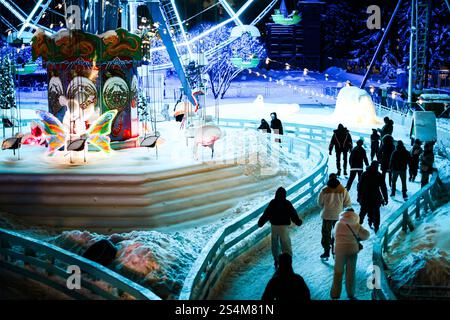 Pétersbourg, Russie. 12 janvier 2025. Les gens patinent sur la patinoire du parc Yuzhno-Primorsky à Pétersbourg. Crédit : SOPA images Limited/Alamy Live News Banque D'Images