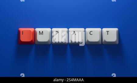 Concept D'IMPACT avec Wooden Ruler.Close Up des touches de clavier d'ordinateur, Business concept.3D rendu sur fond bleu. Banque D'Images
