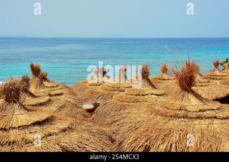 Parapluies de paille sur la plage de Prinos dans la baie de Himare sur la côte sud de l'Albanie, une partie de la Riviera albanaise. Matin de juin, début d'été Banque D'Images